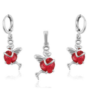 Angel Holding My Heart Hoop Earrings & Necklace Set 18k White Gold Plated